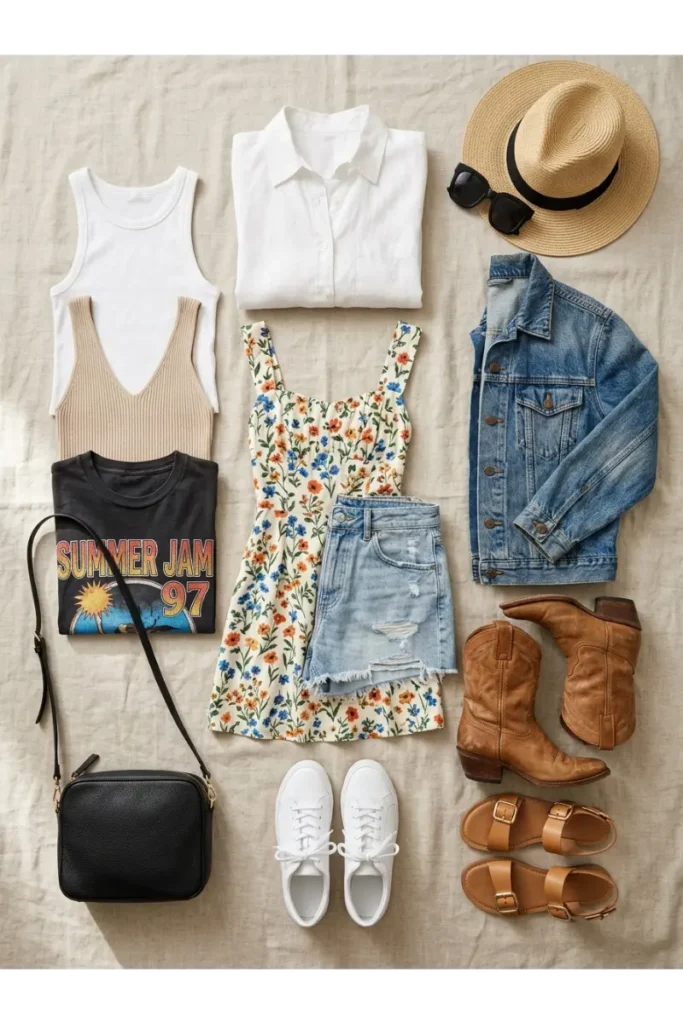 Summer Concert Outfit Ideas: 30 Stylish Looks You'll Want to Wear This Season 2 Summer concert wardrobe essentials including denim shorts, tank tops, crop tops, graphic T-shirts, dresses, denim jacket, cowboy boots, sneakers, sandals, crossbody bag, straw hat, and sunglasses.
