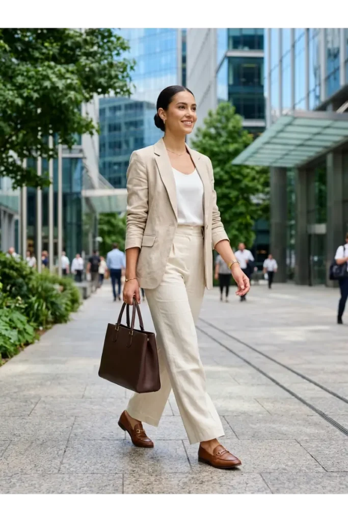 Summer Outfits Women: 25 Stylish Outfit Ideas You'll Want to Wear All Season 17 Stylish young woman wearing a linen blazer, sleeveless blouse, tailored trousers, and loafers for a professional summer office outfit.