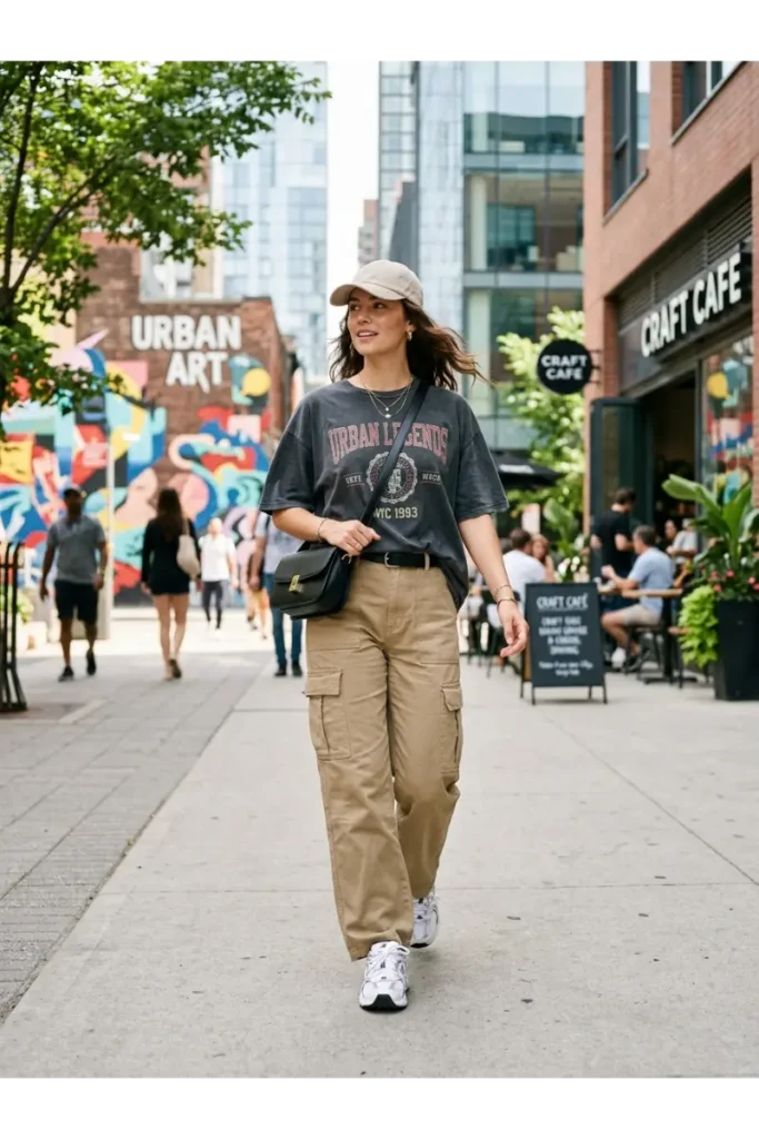 Summer Outfits Women: 25 Stylish Outfit Ideas You'll Want to Wear All Season 19 Stylish young woman wearing an oversized graphic T-shirt with wide-leg cargo pants, chunky sneakers, a baseball cap, and a crossbody bag for a trendy summer street style outfit.