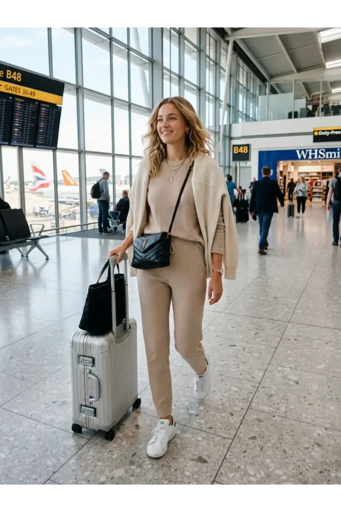 Summer Outfits Women: 25 Stylish Outfit Ideas You'll Want to Wear All Season 22 Stylish young woman wearing a matching lounge set, white sneakers, a crossbody bag, and a lightweight cardigan for a comfortable summer travel outfit.