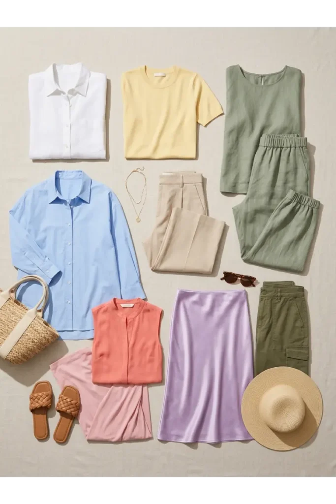 Summer Outfits Women: 25 Stylish Outfit Ideas You'll Want to Wear All Season 25 Trending summer clothing colors for women including white, butter yellow, sage green, sky blue, beige, soft pink, coral, lavender, and olive green.