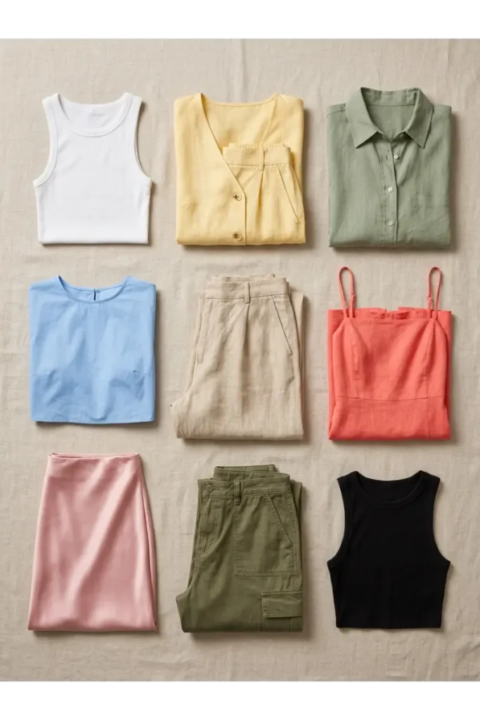 Summer Concert Outfit Ideas: 30 Stylish Looks You'll Want to Wear This Season 25 Trending summer concert clothing colors including white, butter yellow, sage green, sky blue, beige, coral, soft pink, olive green, and black for stylish women's outfits.