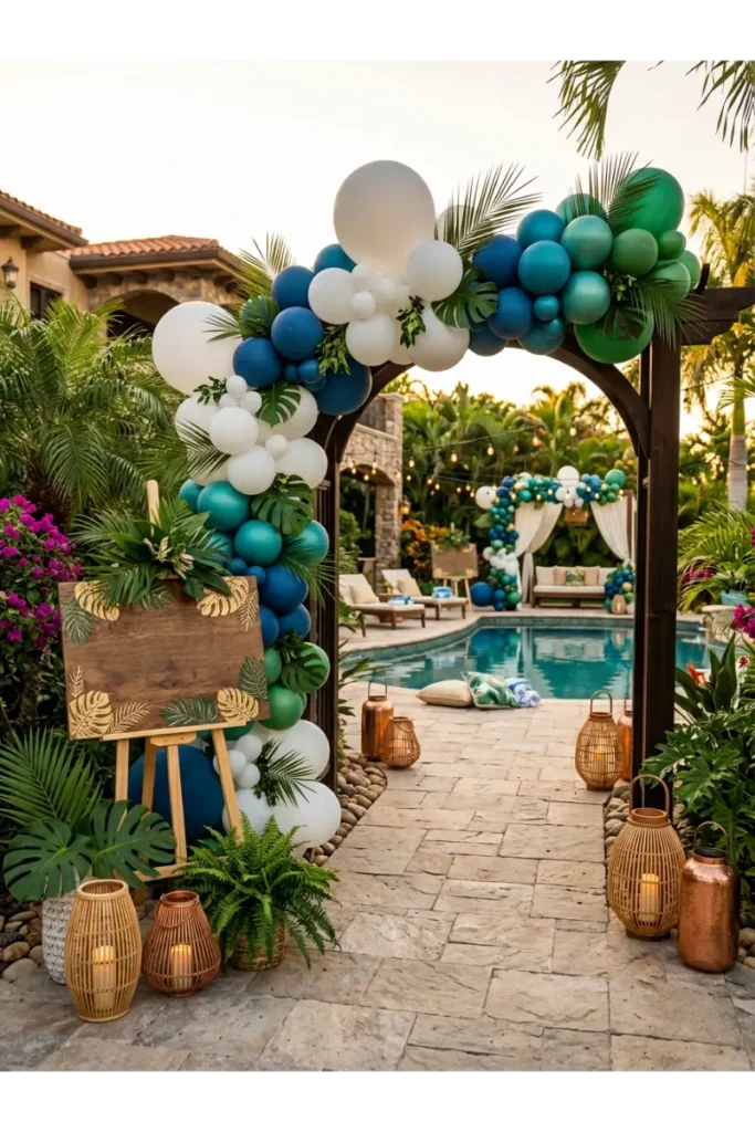 Pool Party Decorations: 35 Creative Ideas to Transform Your Backyard 4 Elegant pool party entrance featuring a balloon garland, wooden welcome sign, tropical plants, outdoor lanterns, and tropical party decorations.