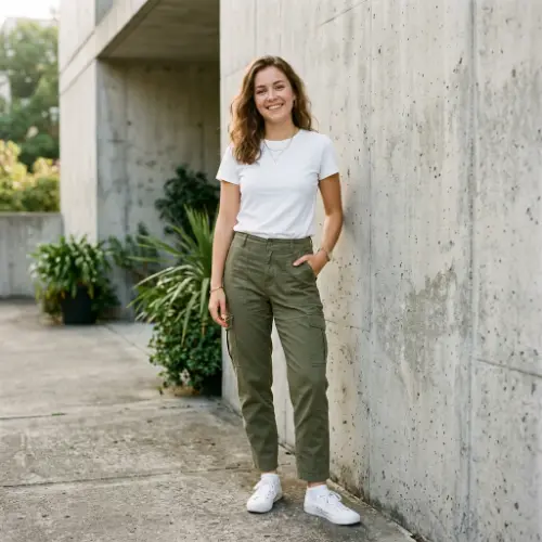 White T-Shirt and Olive Cargo Pants