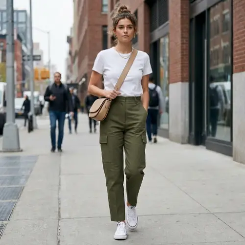 White T-Shirt and Olive Cargo Pants