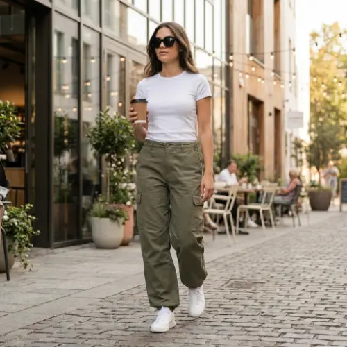 White T-Shirt and Olive Cargo Pants