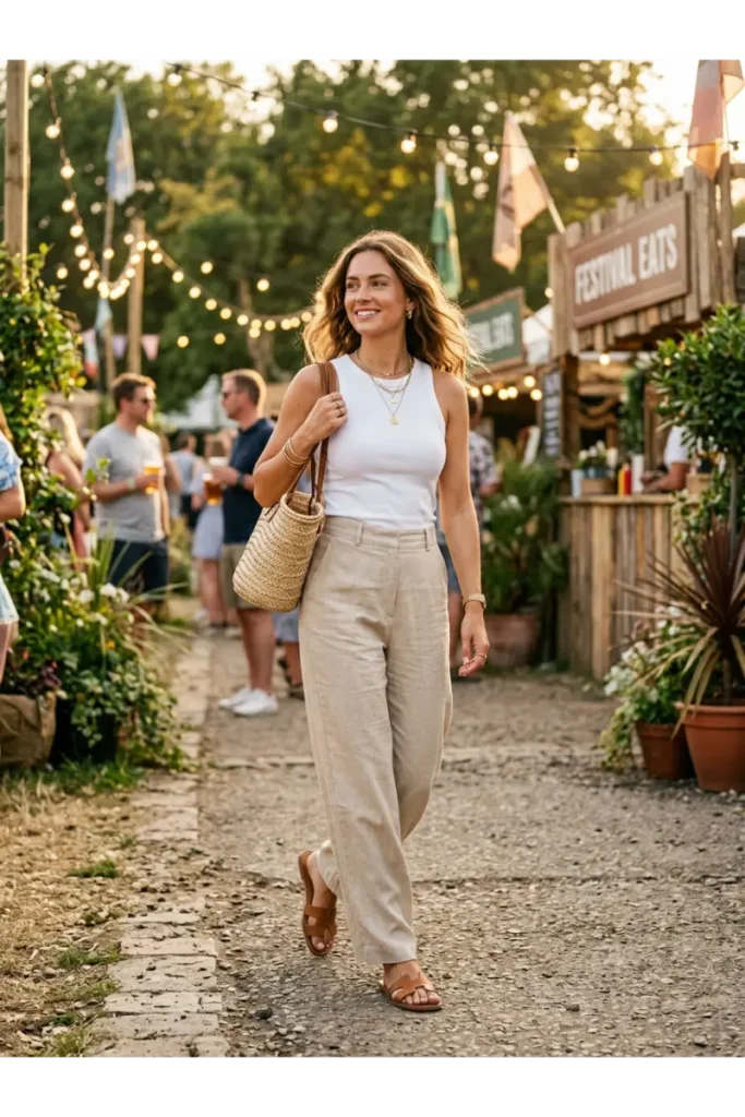 Summer Concert Outfit Ideas: 30 Stylish Looks You'll Want to Wear This Season 17 Stylish young woman wearing wide-leg linen pants with a ribbed tank top, flat sandals, a woven handbag, and delicate gold jewelry for a chic summer outfit.