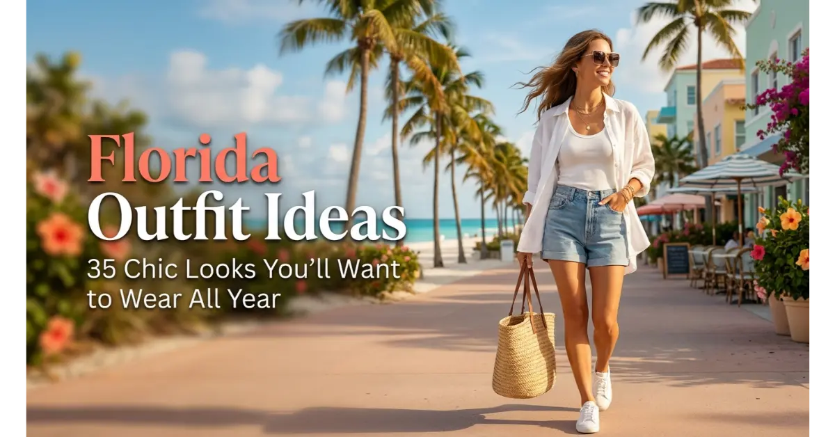 35 Florida Outfit Ideas That Are Stylish, Comfortable & Perfect for Sunshine 1 Florida outfit ideas featuring a stylish summer look with a white linen shirt, denim shorts, white sneakers, and a straw tote bag.