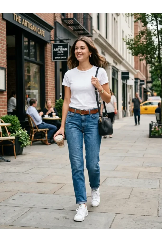 Denim Outfits for Women: 12 Stylish Looks to Wear on Repeat 2 Straight-Leg Jeans With a White T-Shirt