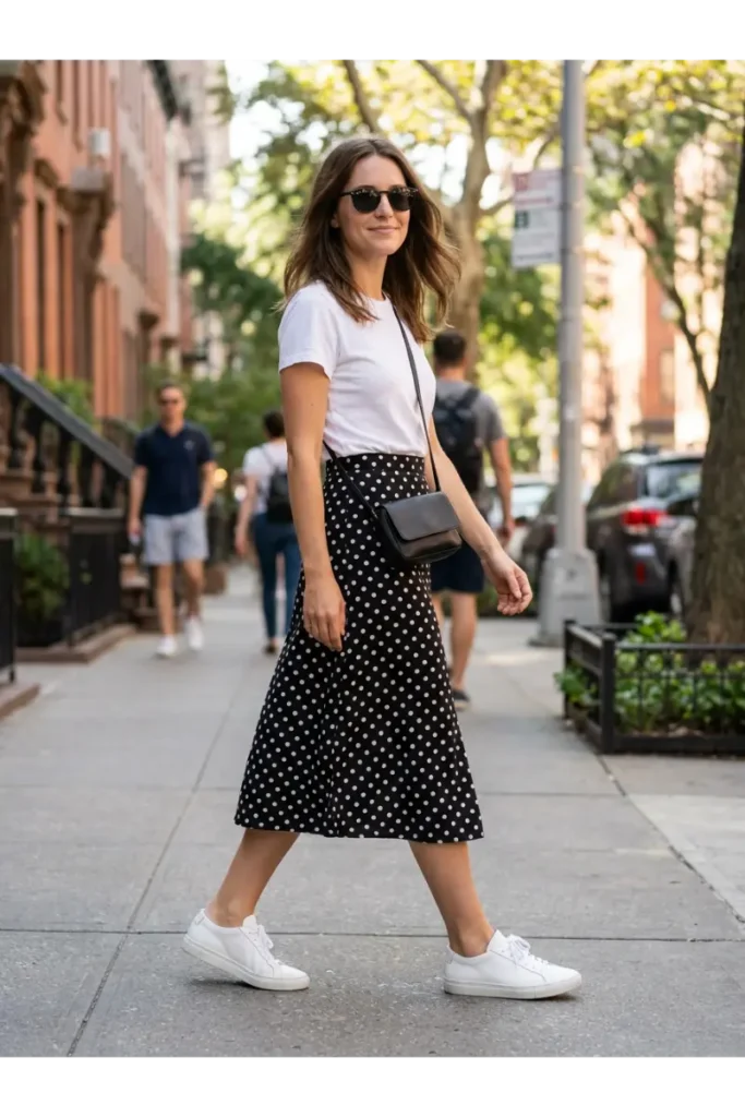 White T-Shirt, Polka Dot Skirt and Sneakers