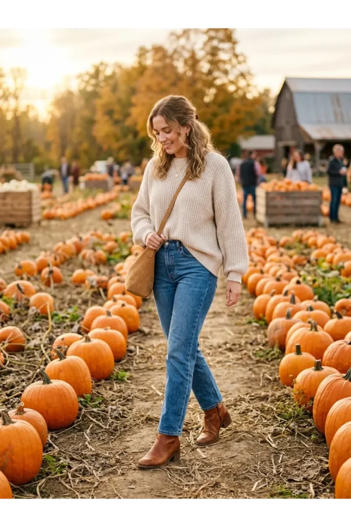 Woman in an oversized cream knit sweater and jeans walking through a pumpkin patch