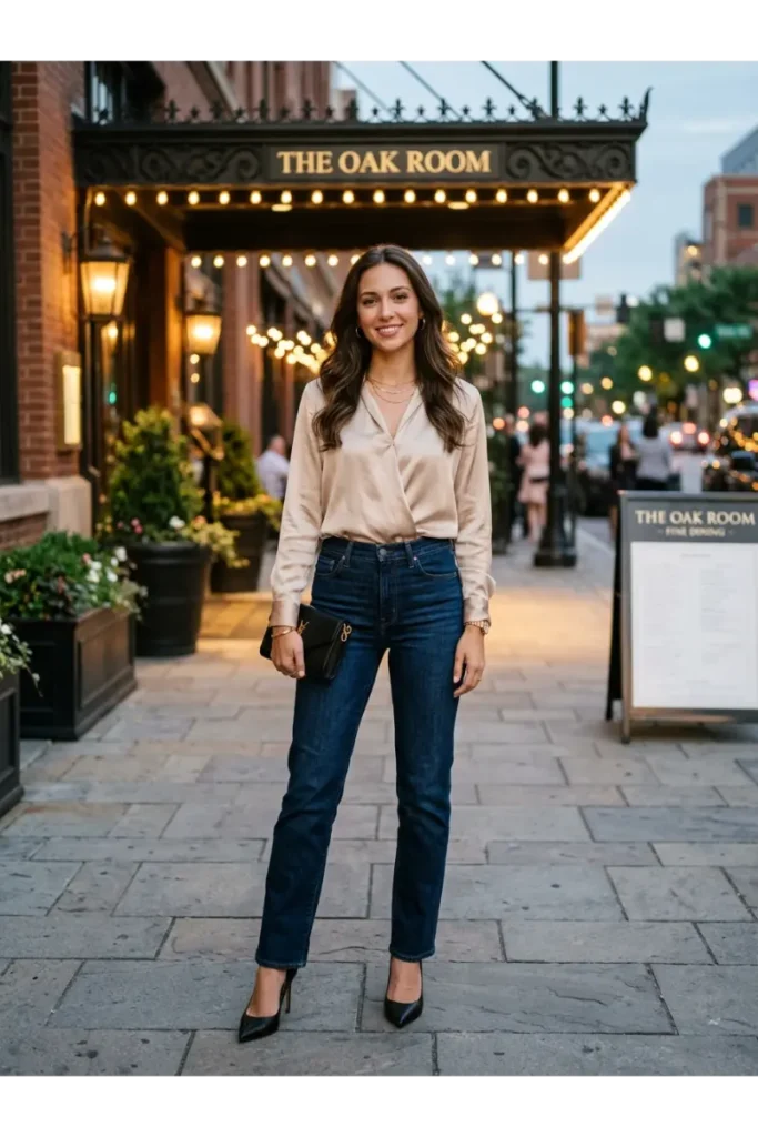 Denim Outfits for Women: 12 Stylish Looks to Wear on Repeat 11 Dark Jeans With a Satin Blouse