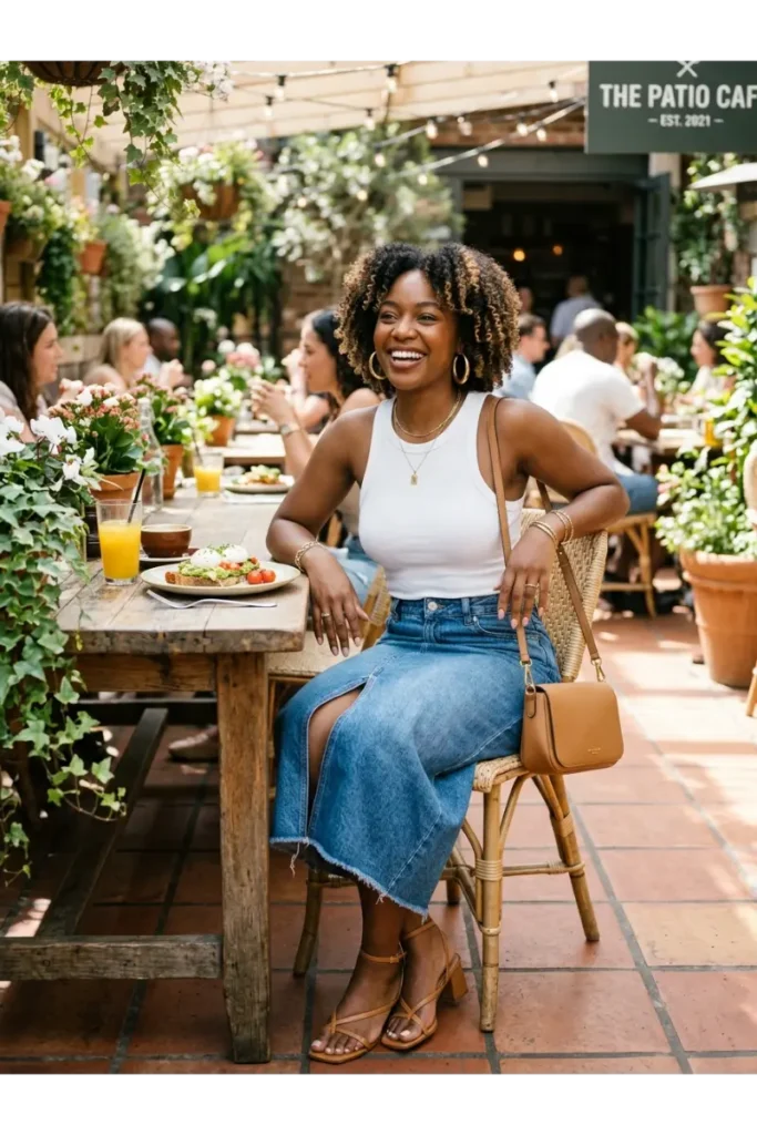 Brunch Outfit Ideas Black Women: 25 Stylish Looks for Every Vibe 11 Denim Skirt with a Fitted Top