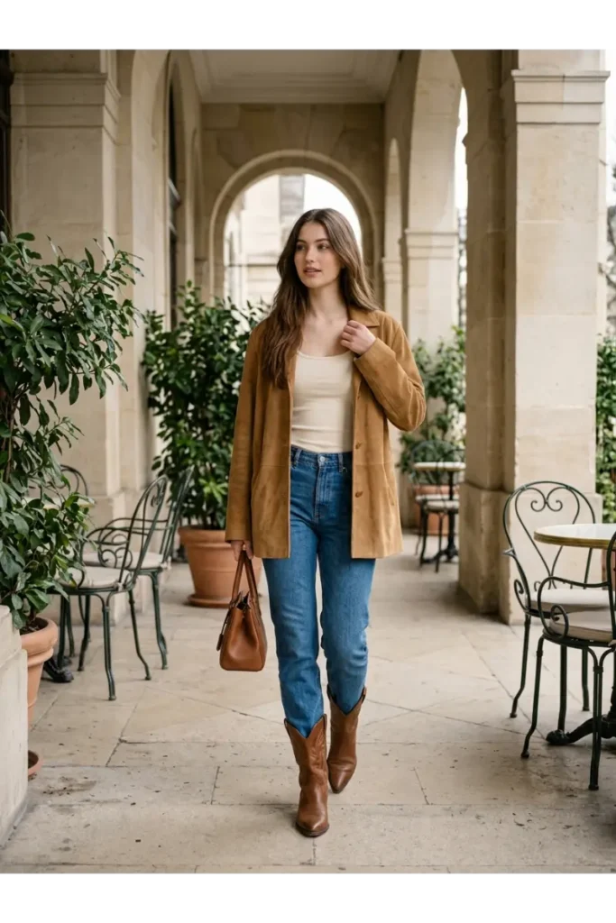 Cowboy Outfits for Women: Stylish Western Looks That Feel Modern 11 Suede Jacket with Jeans