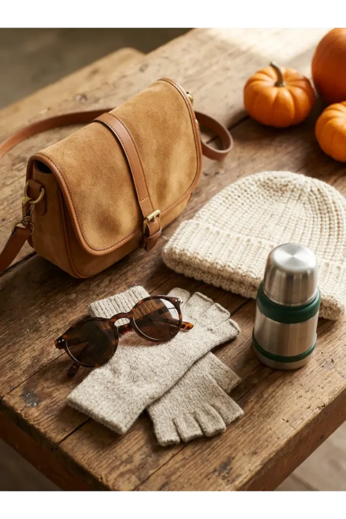 Fall accessories including a suede crossbody bag, knit beanie, sunglasses, and gloves styled near small pumpkins