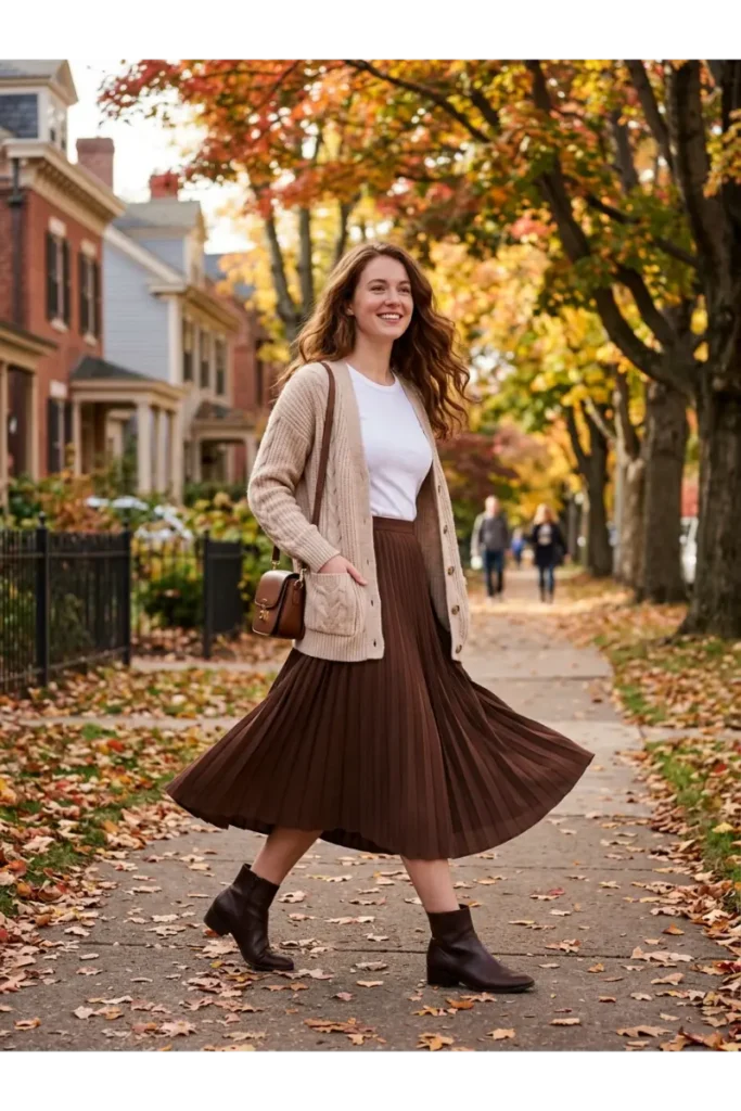 Fall Outfit Inspo 2026: 12 Stylish Looks to Try This Season 12 Cardigan, T-Shirt, and Midi Skirt