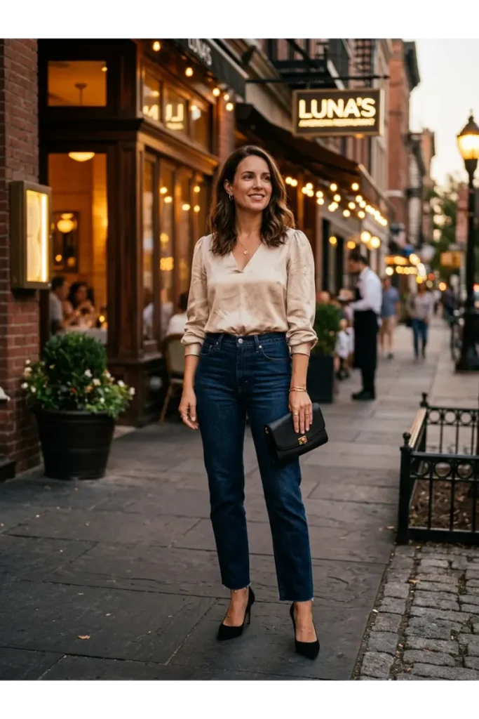 Fall Outfit Inspo 2026: 12 Stylish Looks to Try This Season 13 Satin Top With Dark Jeans and Heels