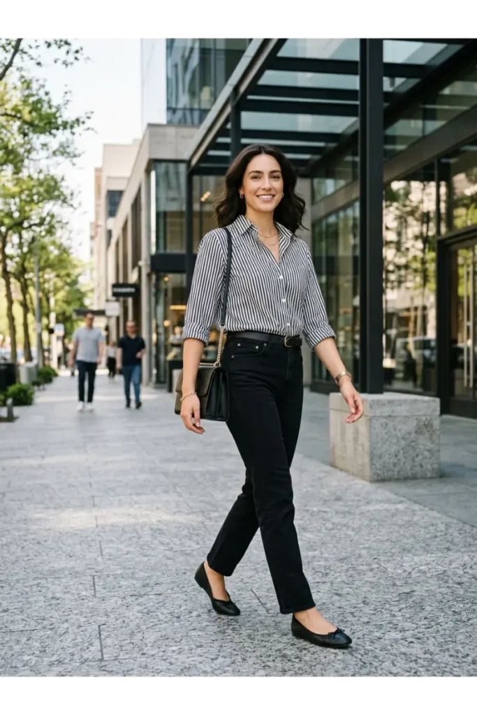 Black-and-White Striped Shirt with Black Jeans