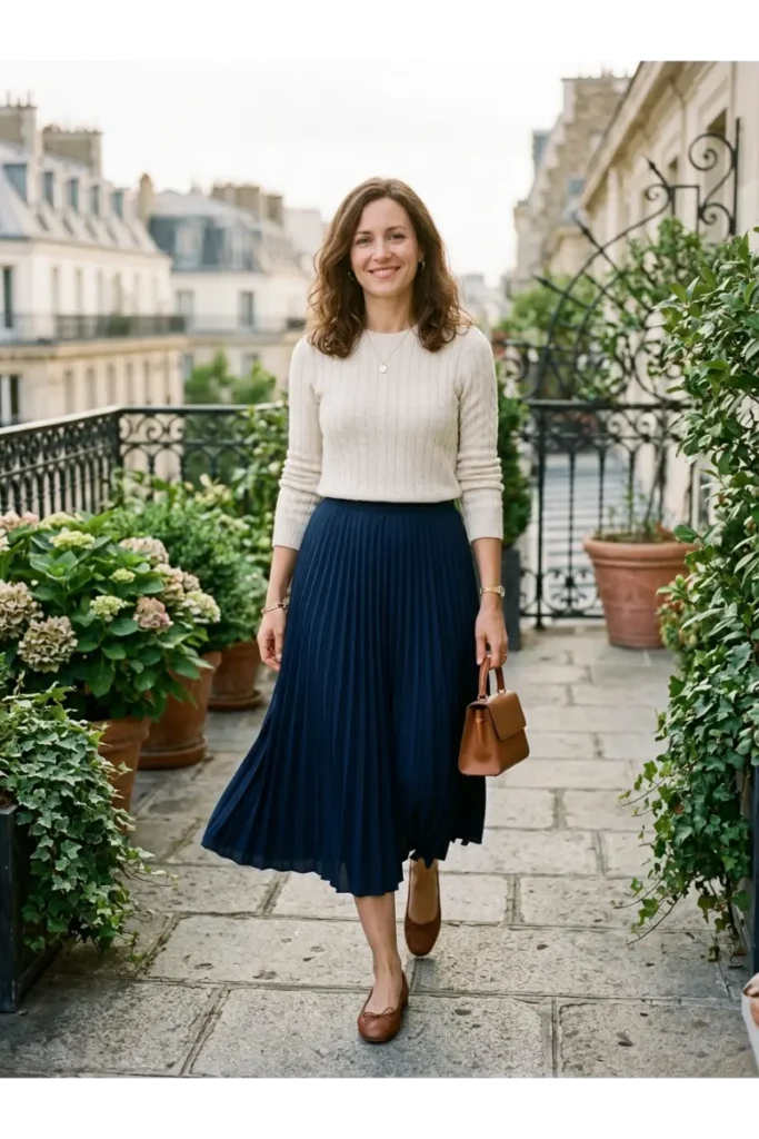 Pleated Midi Skirt with a Fitted Sweater