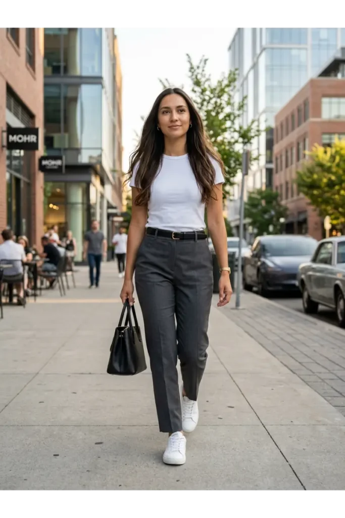 Tailored Trousers and Sneakers for a Casual Minimalist Look