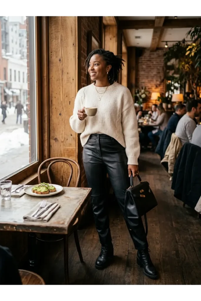 Brunch Outfit Ideas Black Women: 25 Stylish Looks for Every Vibe 14 Leather Pants with a Sweater