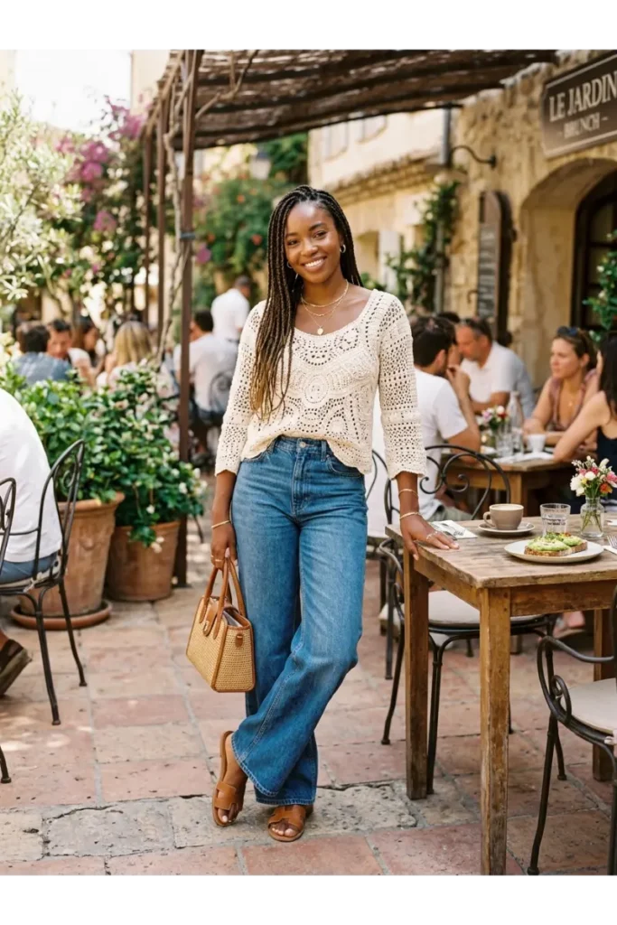 Brunch Outfit Ideas Black Women: 25 Stylish Looks for Every Vibe 19 Crochet Top with Wide-Leg Jeans