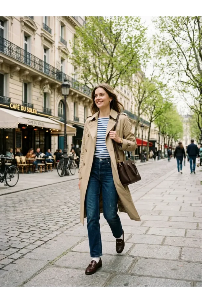 Striped Shirt with a Trench Coat