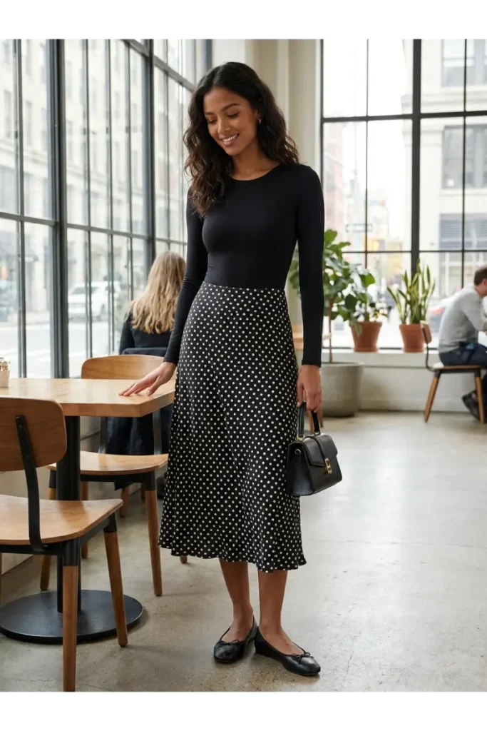 Black Bodysuit and Polka Dot Midi Skirt