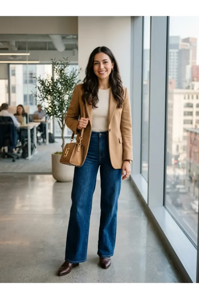 Denim Outfits for Women: 12 Stylish Looks to Wear on Repeat 3 Wide-Leg Jeans With a Blazer