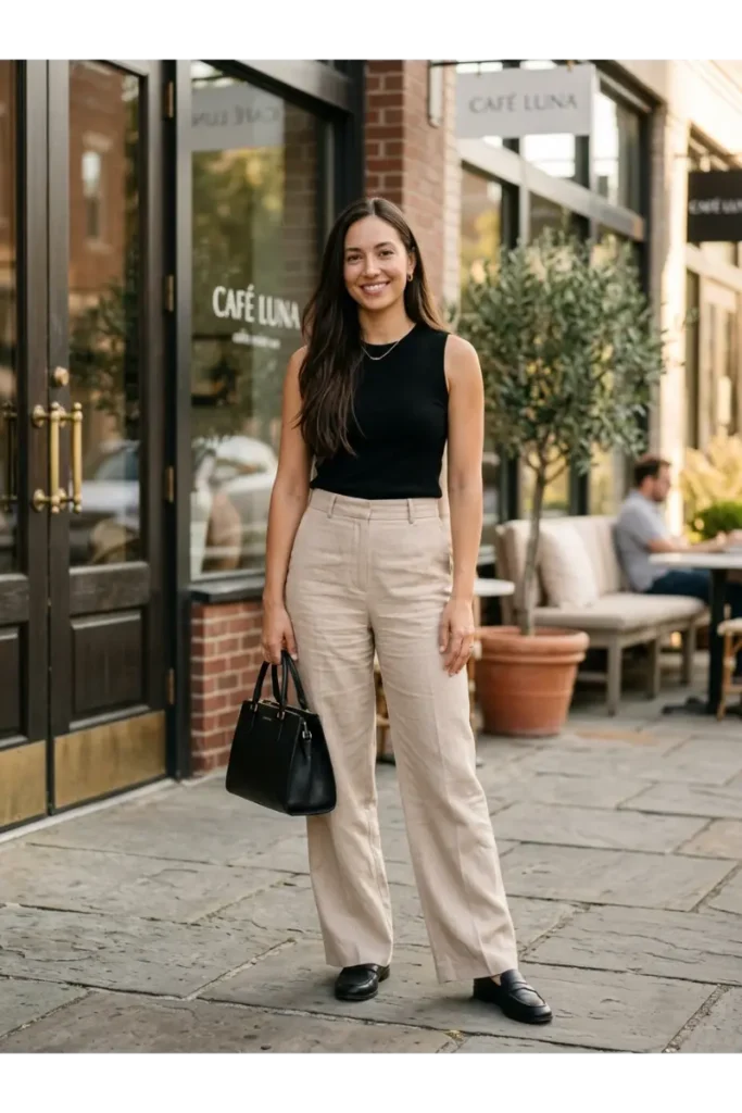  Beige Trousers and a Black Top for a Neutral Outfit