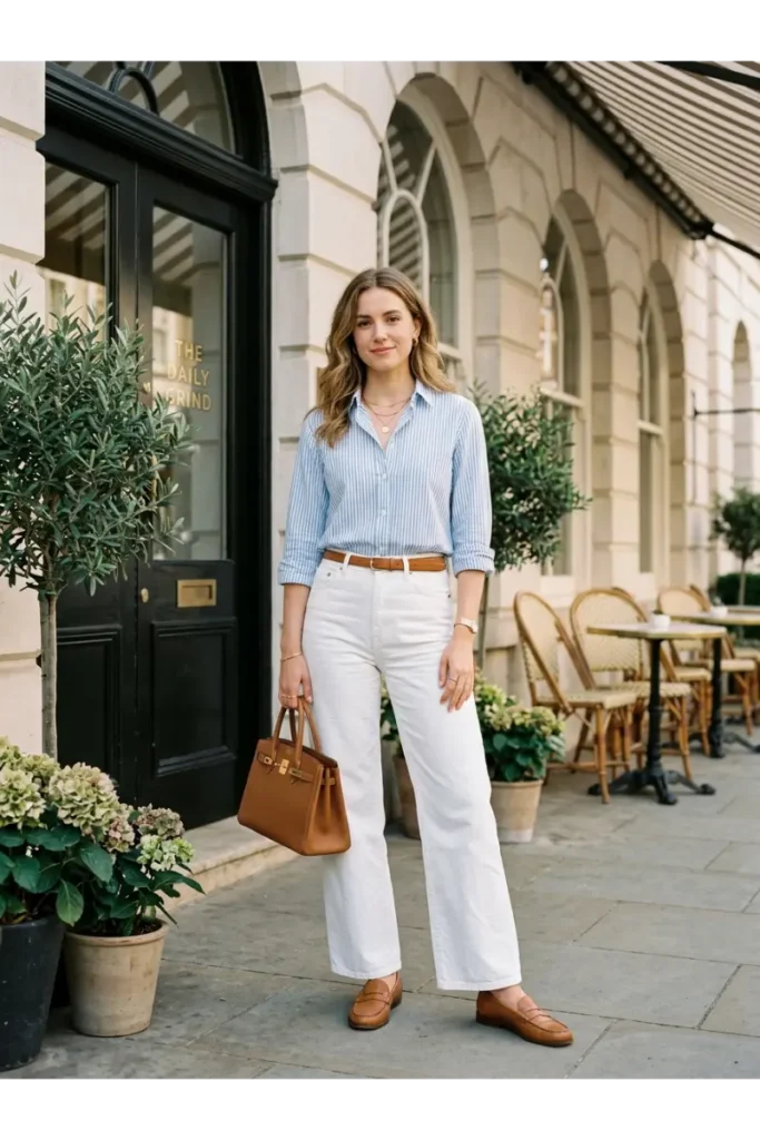 Blue Striped Shirt with White Jeans