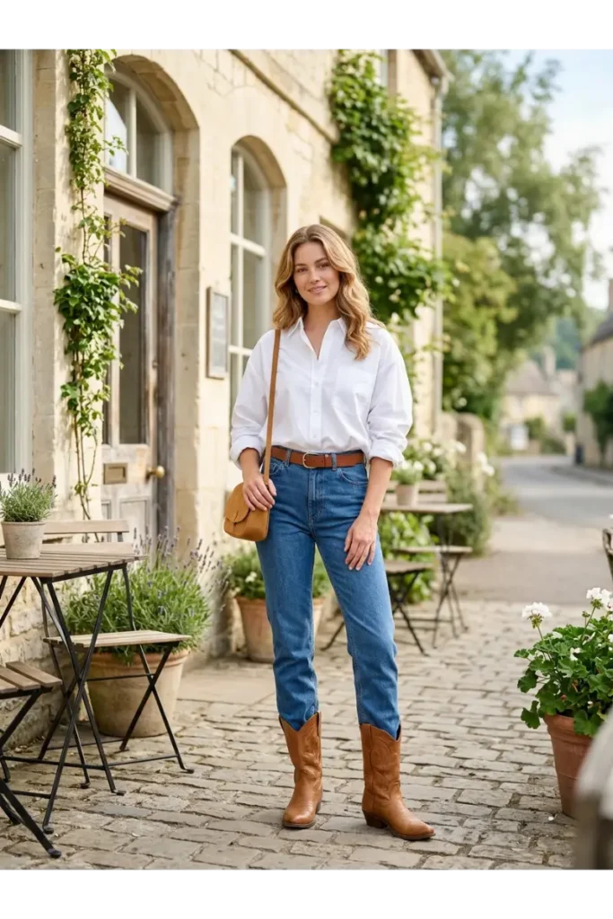 Cowboy Outfits for Women: Stylish Western Looks That Feel Modern 3 White Shirt with Blue Jeans