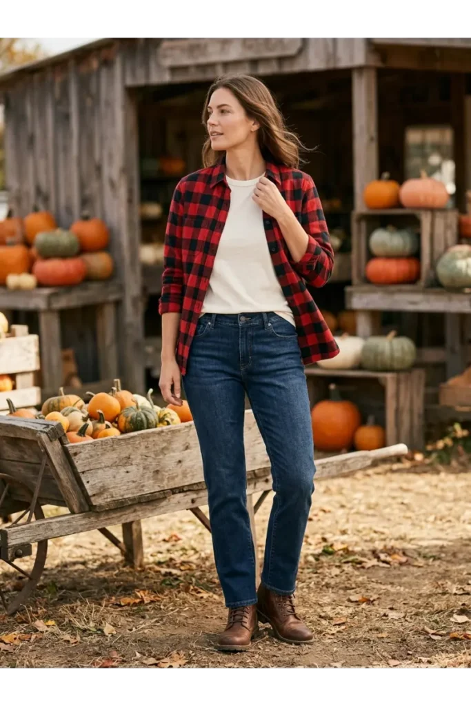Woman wearing an open red buffalo check flannel over a white tee and jeans at a pumpkin farm stand