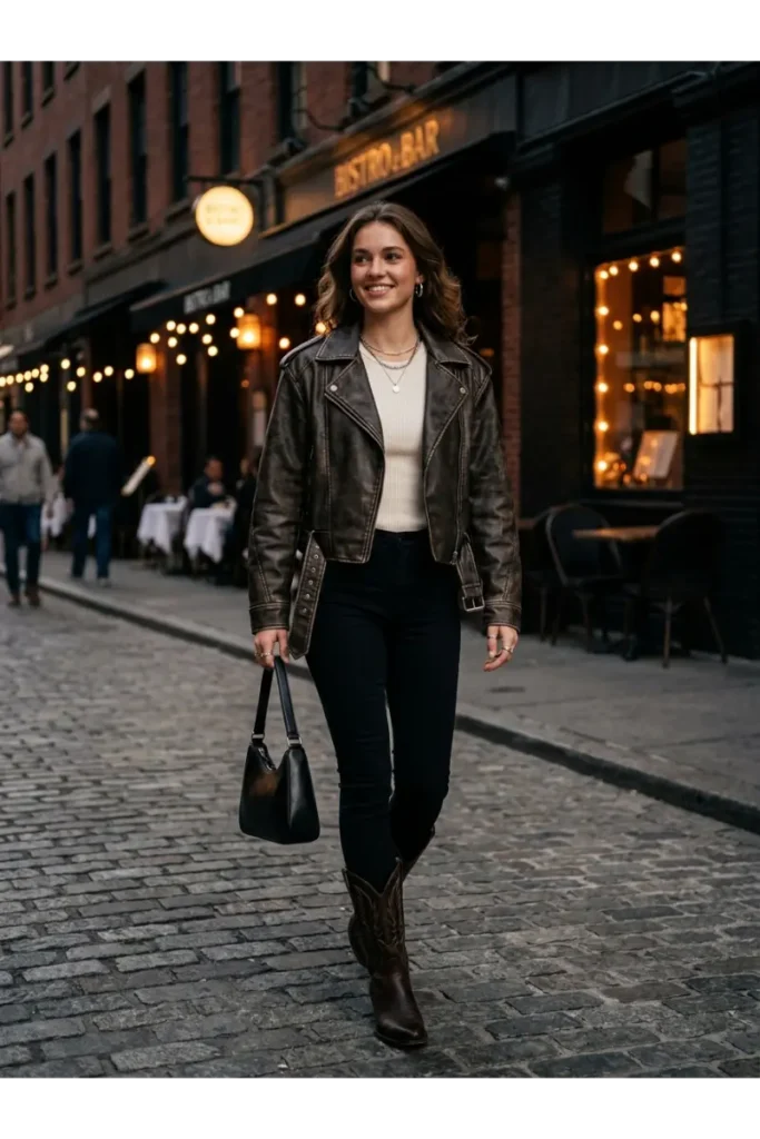 Cowboy Outfits for Women: Stylish Western Looks That Feel Modern 23 Leather Jacket and Cowboy Boots