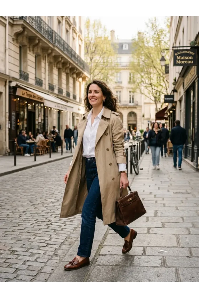 Classic Trench Coat with Loafers