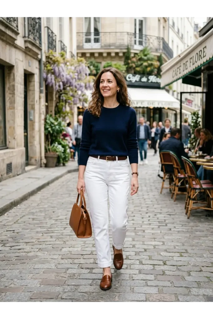 Navy Sweater with White Jeans