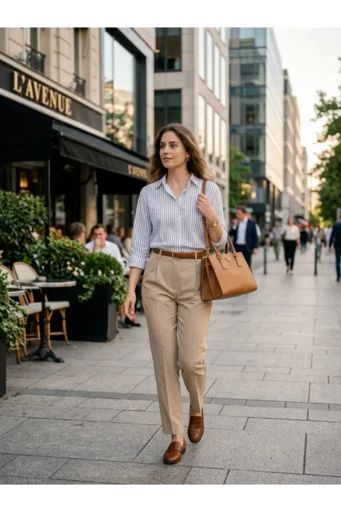 White and Blue Striped Shirt with Beige Trousers