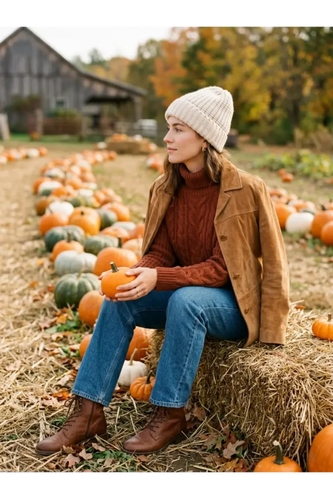Woman in a rust turtleneck sweater, jeans, and suede jacket sitting on a hay bale at a pumpkin patch