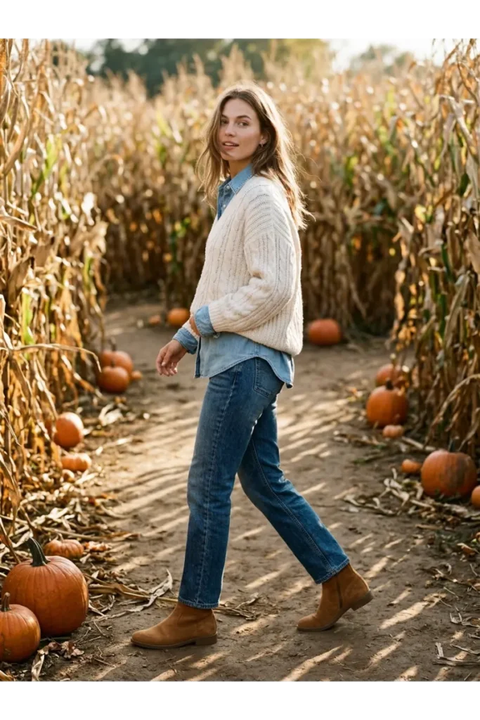 Woman in double denim with a chambray shirt and cream sweater walking through a pumpkin patch corn maze