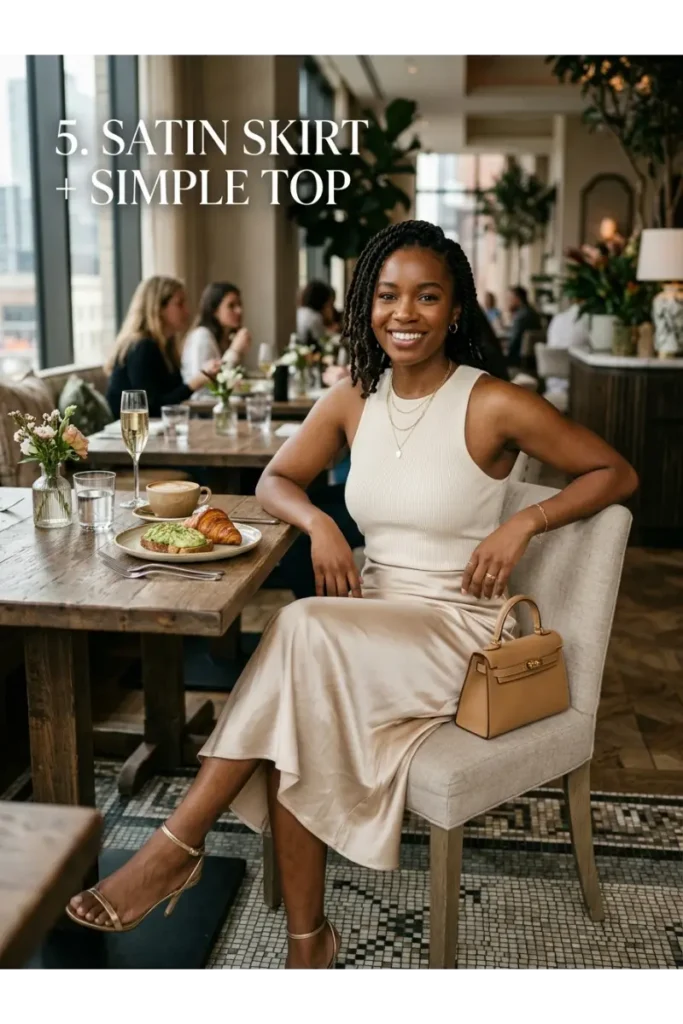 Brunch Outfit Ideas Black Women: 25 Stylish Looks for Every Vibe 6 Satin Skirt with a Simple Top