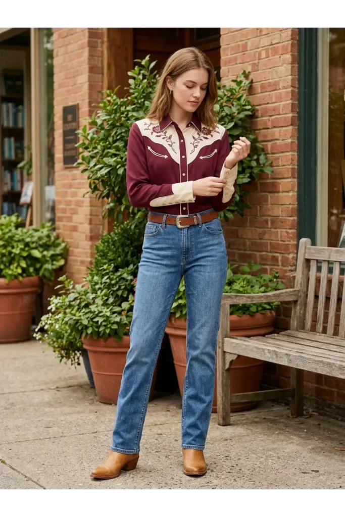 Cowboy Outfits for Women: Stylish Western Looks That Feel Modern 6 Western Shirt with Straight-Leg Jeans