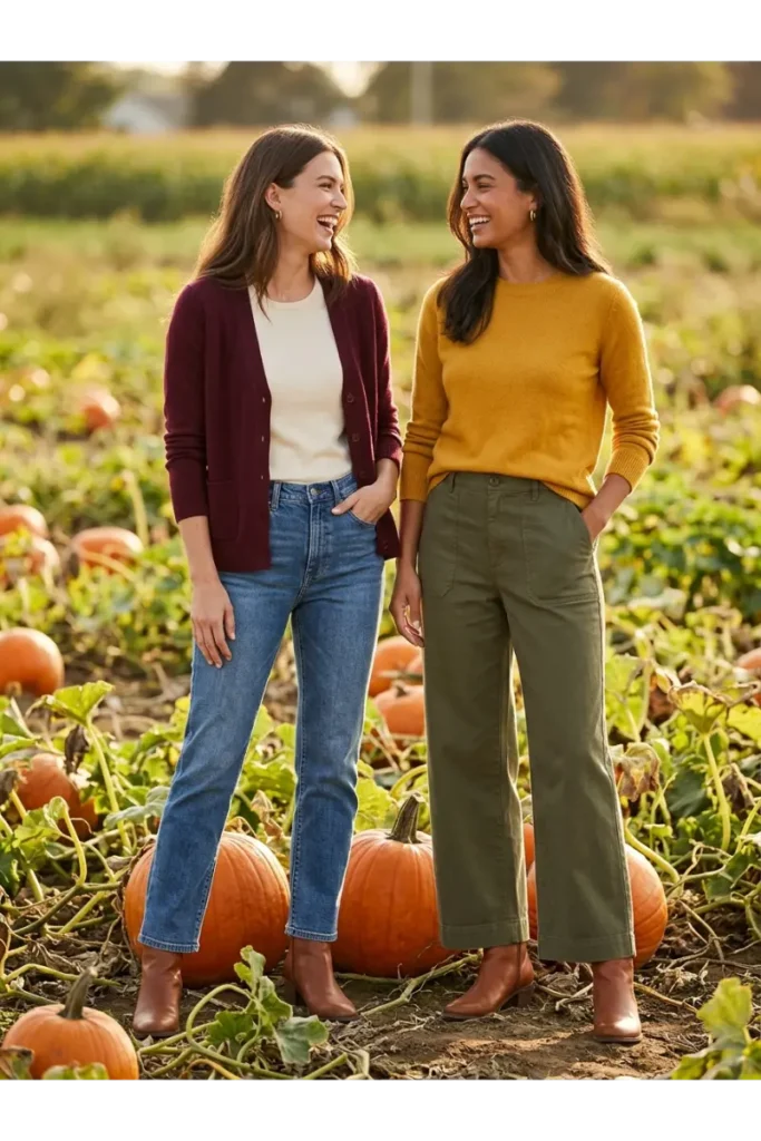 Two women in burgundy and mustard fall outfits standing together at a pumpkin patch showing color pairing ideas