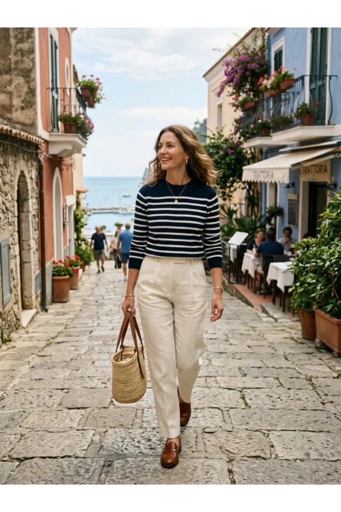 Striped Sweater with White Pants