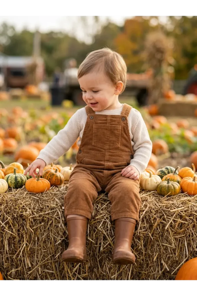 Toddler in corduroy overalls sitting on a hay bale reaching for a small pumpkin