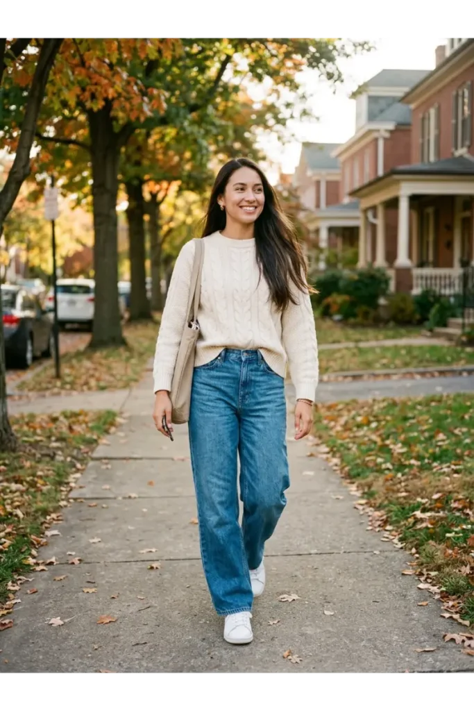  Wide-Leg Jeans and a Neutral Sweater