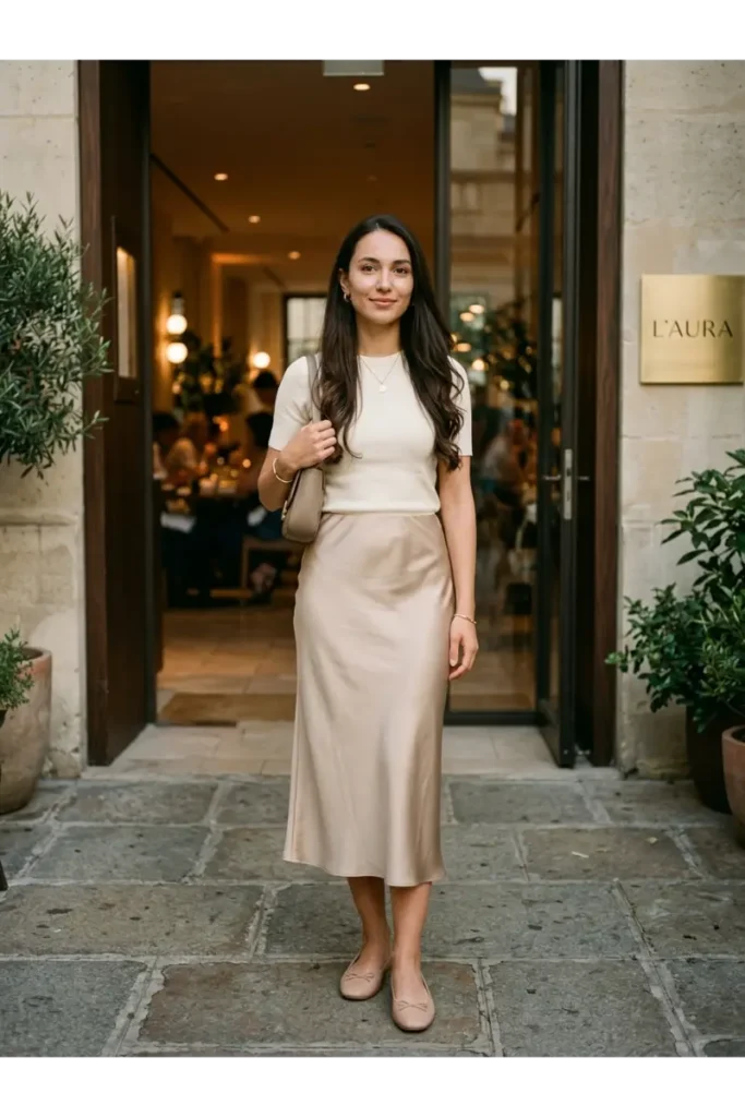 Slip Skirt and Knit Top for an Elegant Minimalist Outfit