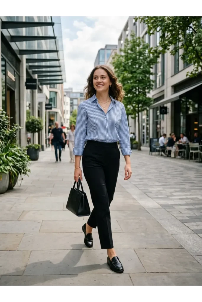 Striped Button-Down with Black Trousers