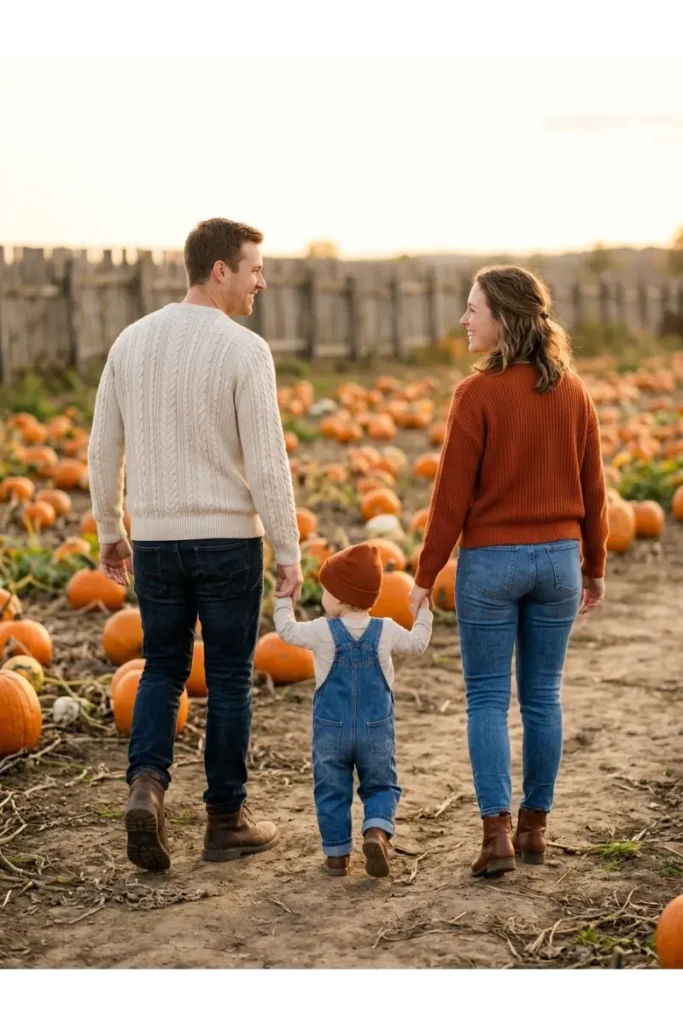 Family of three in coordinating rust and cream outfits walking together through a pumpkin field