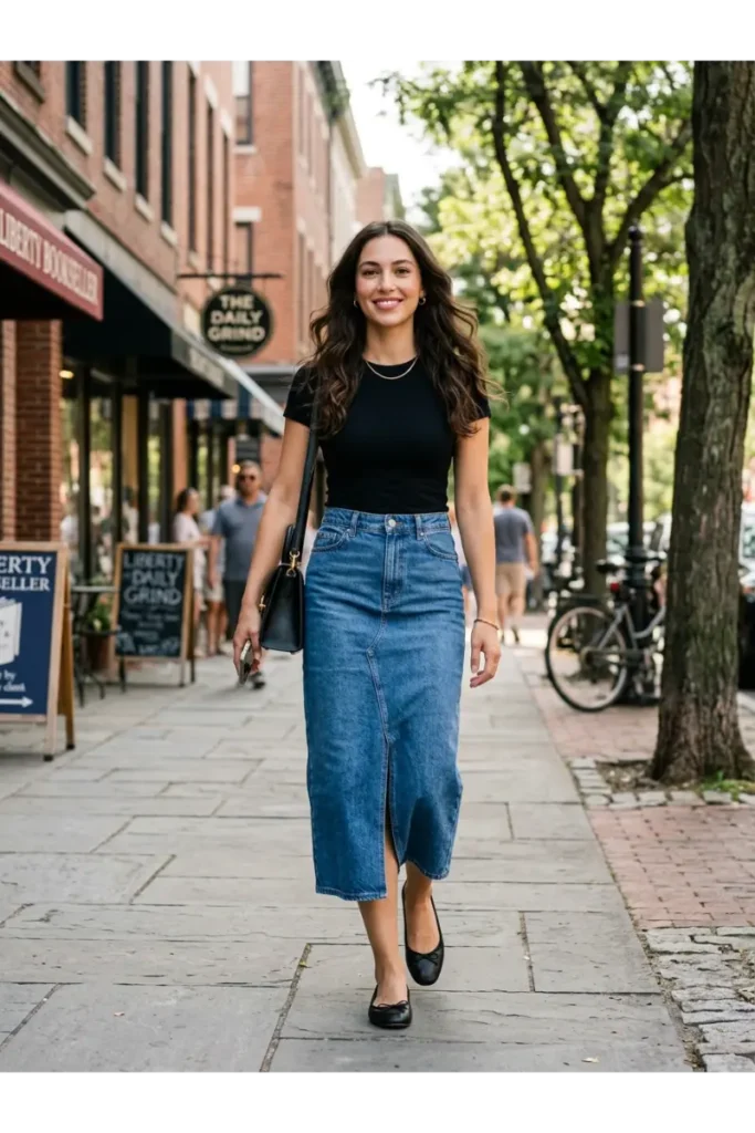Denim Outfits for Women: 12 Stylish Looks to Wear on Repeat 9 Denim Midi Skirt With a Fitted Top