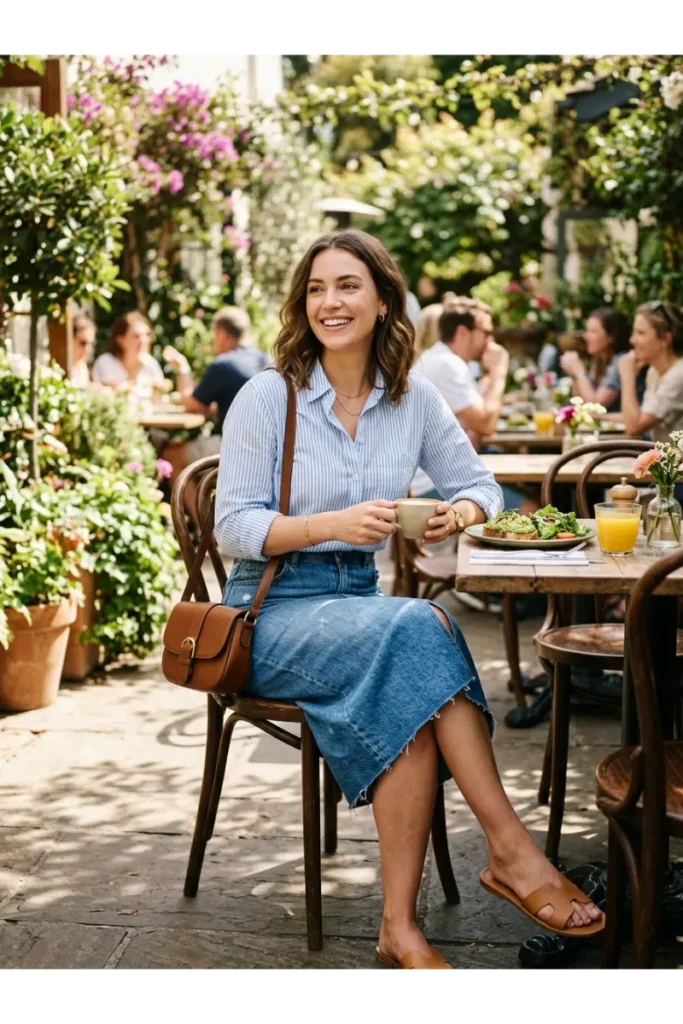 Striped Shirt with a Denim Skirt
